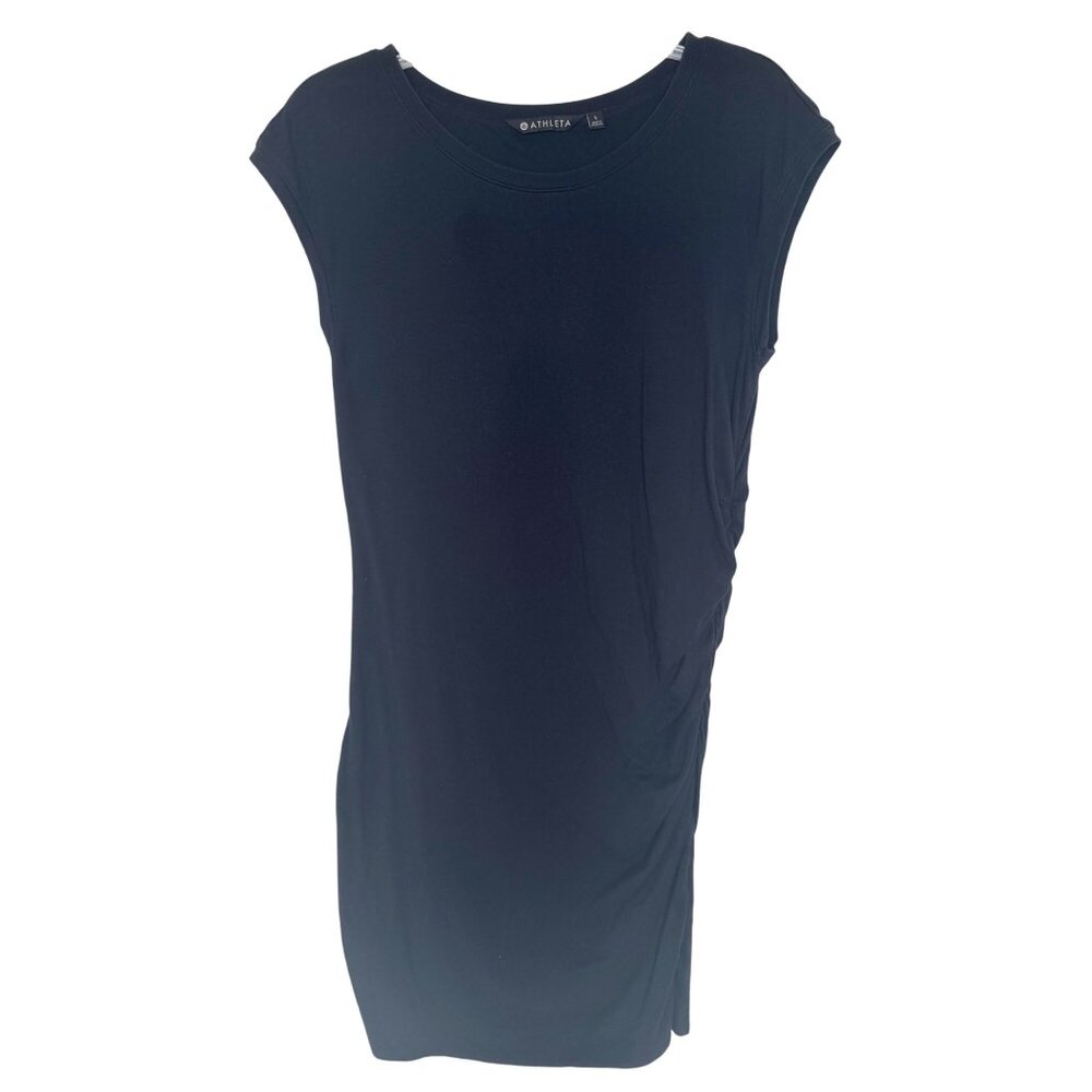 Athleta Black Ruched Side Cap Sleeve Dress Size L Soft Stretch - Picture 1 of 9